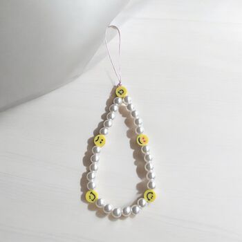 Handmade Pearl Beaded Phone Charm With Smiley Face Charms, 2 of 3