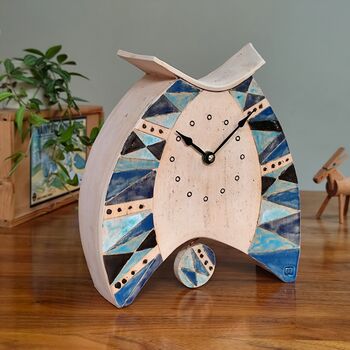 Pottery Large Mantel Clock In Blue Triangle Pattern, 3 of 8