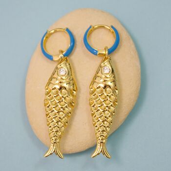 Colour My Fish Enamel Blue Hoop Drop Charm Earrings, 4 of 5