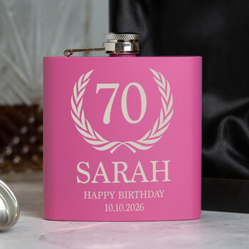 Personalised Pink Birthday Crest Hip Flask – 18th 21st 30th Gift, 7 of 8