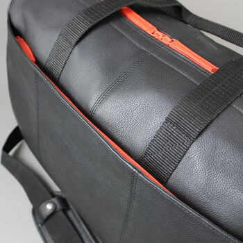Black Leather Wide Opening Weekend Bag With Orange Zip, 7 of 9