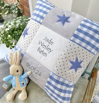 Patchwork Gingham Name, Date And Weight Cushion, 2 of 4