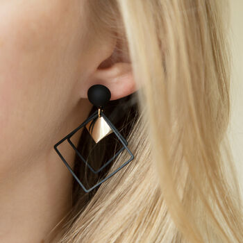 Matt Black And Gold Colour Double Diamond Drop Earrings, 2 of 3