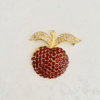 Vintage 1960s Gold Plated Red Crystal Apple Brooch, 3 of 8