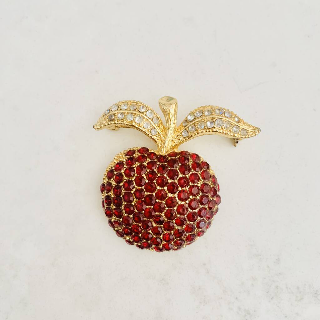 Vintage 1960s Gold Plated Red Crystal Apple Brooch By Vintage Candy