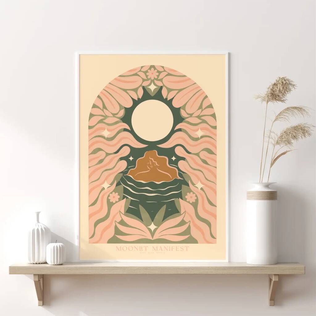 Moonlit Manifest, Bohemian Floral Celestial Yoga Meditation Art Print, 1 of 3