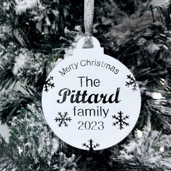 Merry Christmas Family Name Tree Bauble With Year, 2 of 7