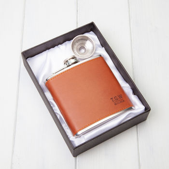 Brown Faux Leather Initials Hip Flask And Funnel, 2 of 3