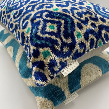 Oblong Ikat Velvet Cushion Blue Heritage, 5 of 7