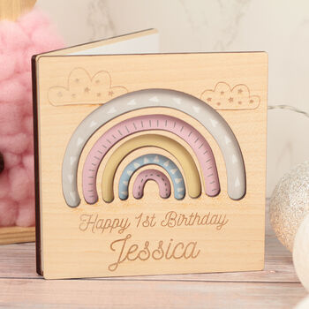 Rainbow Christening Engraved Wooden Greetings Card, 2 of 5