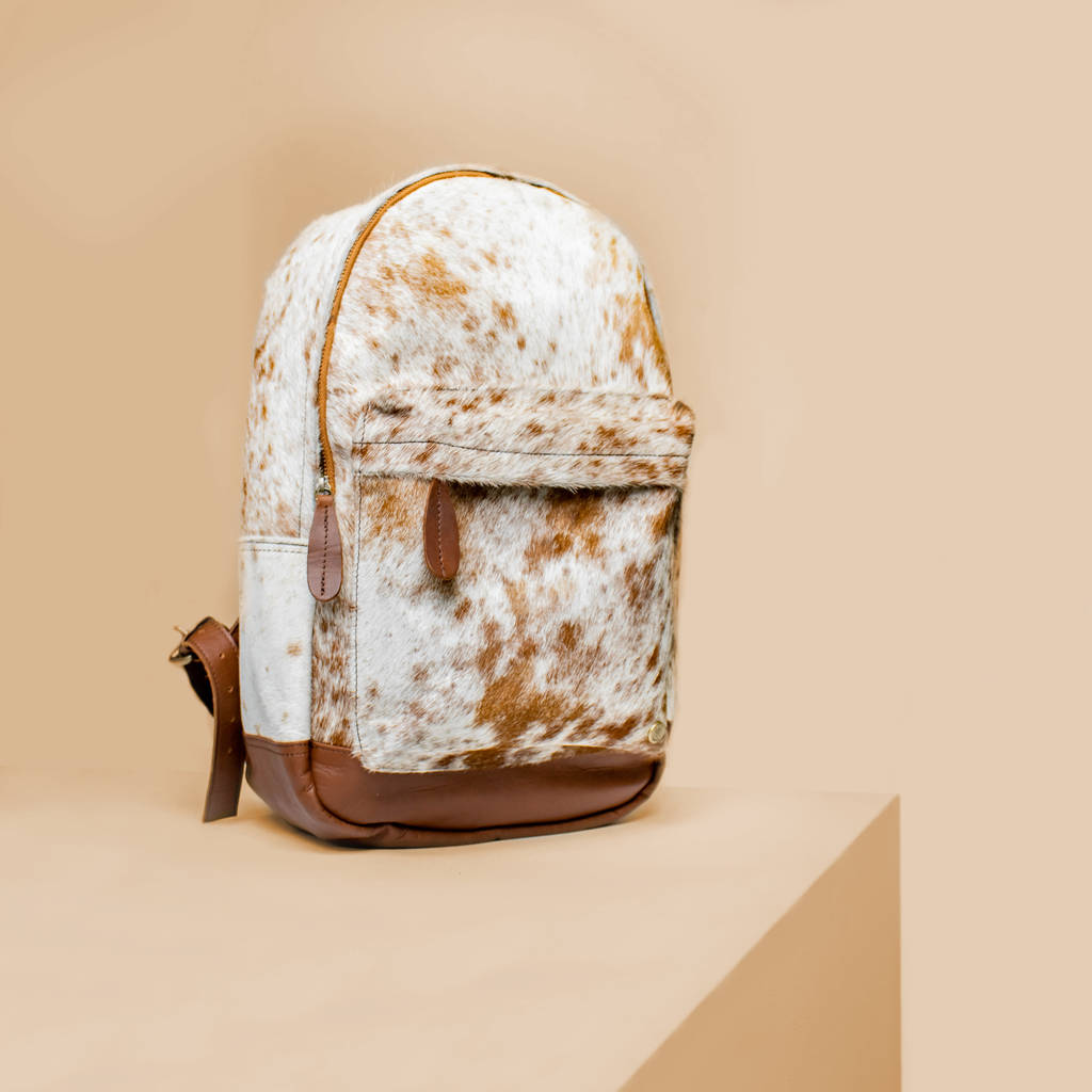 Natural Cowhide Leather Backpack In Brown And White, 1 of 8
