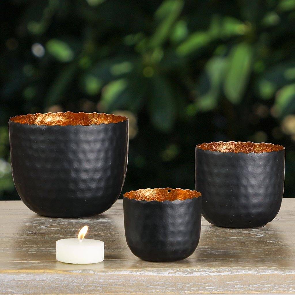 Set Of Three Black And Copper Tea Light Holders By Dibor