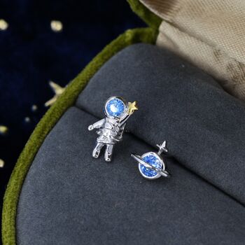Mismatched Planet And Astronaut Stud Earrings In Sterling Silver, 2 of 10