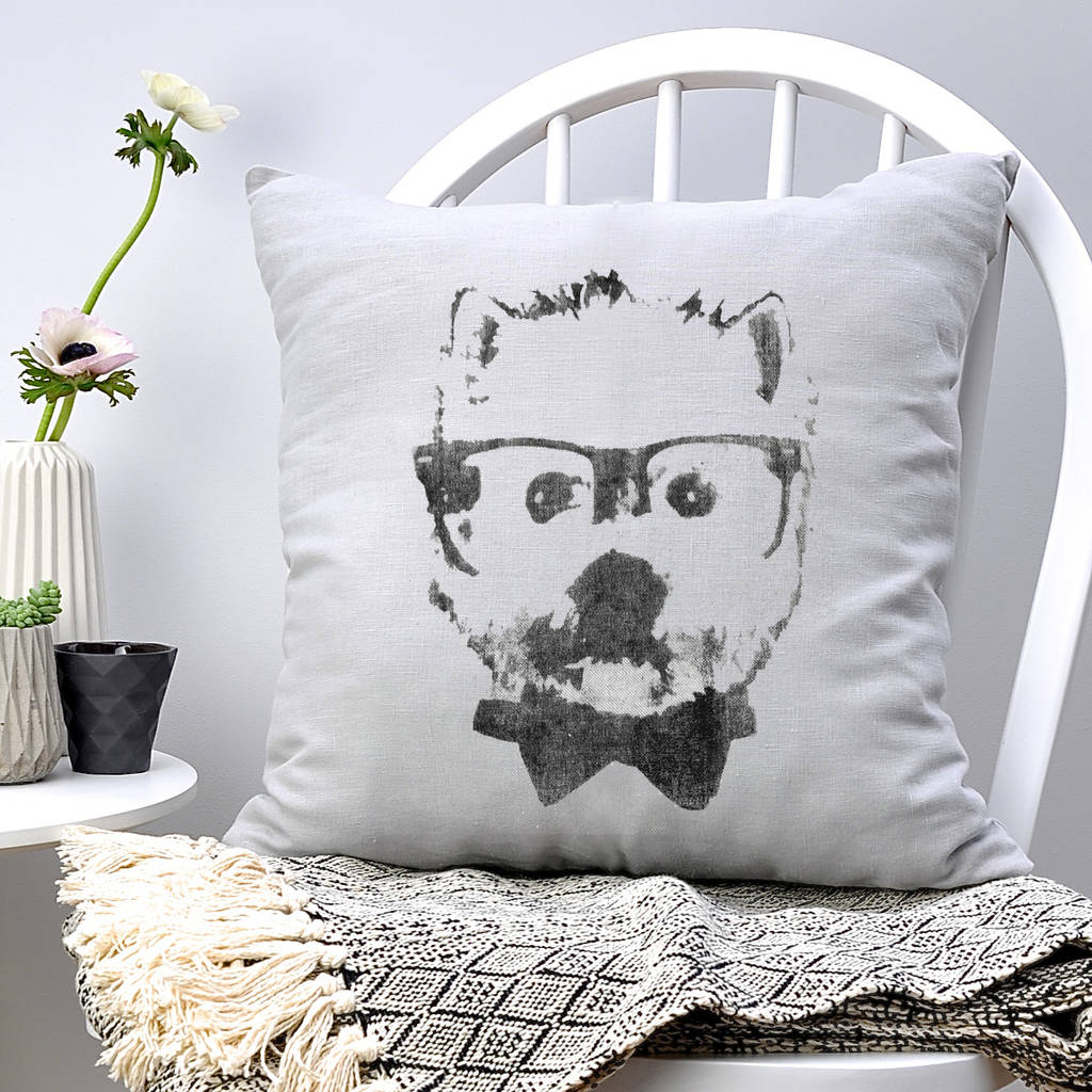 Glasses And Bow Tie Dog Print Cushion, 1 of 2