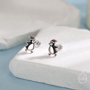 Sterling Silver Cute Penguin With Christmas Hat Stud Earrings, 6 of 11