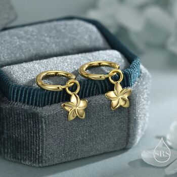 Sterling Silver Tiny Plumeria Flower Huggie Hoop Earrings, 6 of 11
