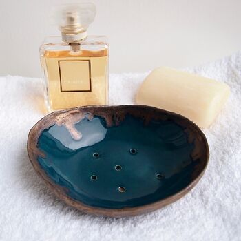 Handmade Teal And Gold Oval Pottery Soap Dish, 2 of 7