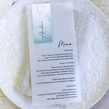 Ocean Blue Vellum Wedding Menu With Guest Name Card, 2 of 4