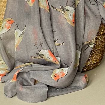 Watercolour Robins Print Scarf In Grey, 2 of 3