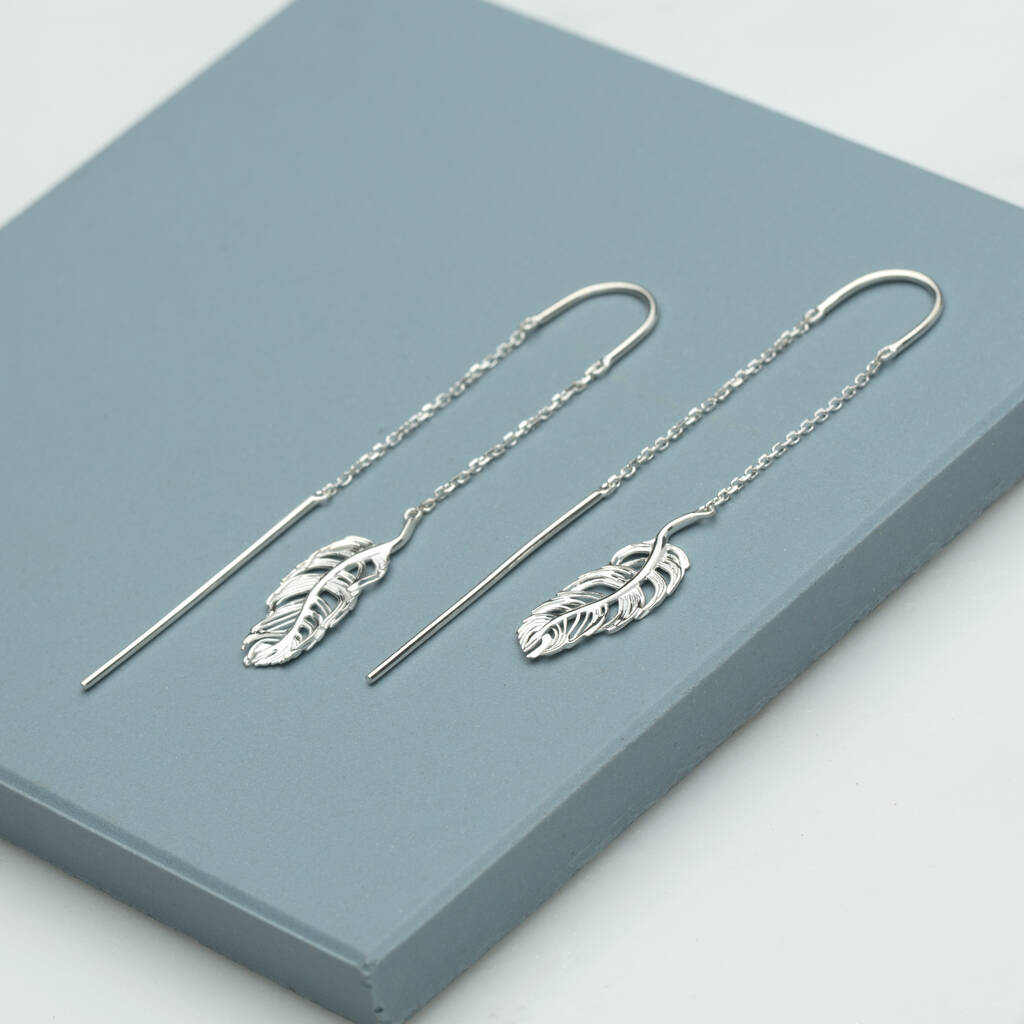 Sterling Silver Feather Threader Dangle Earrings By Lily Charmed
