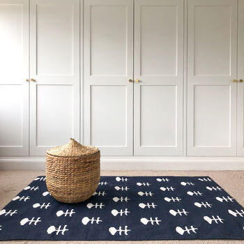 Navy And White Motif Handwoven Rug, 2 of 4