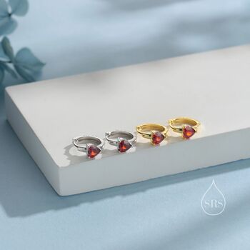 Garnet Red Heart Cz Huggie Hoop In Sterling Silver, 5 of 12