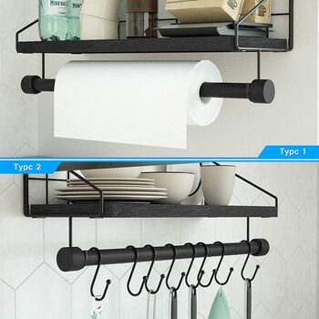 Black Wall Mounted Floating Kitchen Shelf With Hooks, 7 of 8