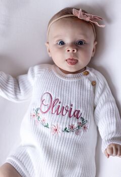 White Personalised Floral Embroidered Long Sleeve Romper, 5 of 12
