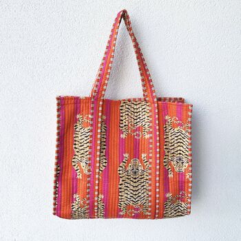 Tote Bag Cotton Tiger Print Quilted Beach Bag, 3 of 6