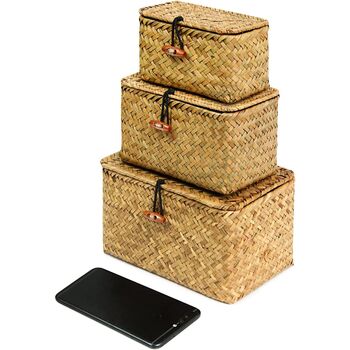 Set Of Three Small Seagrass Box Shelf Baskets With Lids, 4 of 8