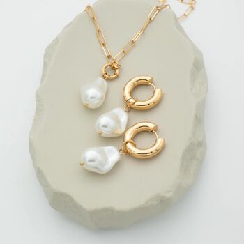 Drop Pearl Earrings On Chunky Hoops, 7 of 10