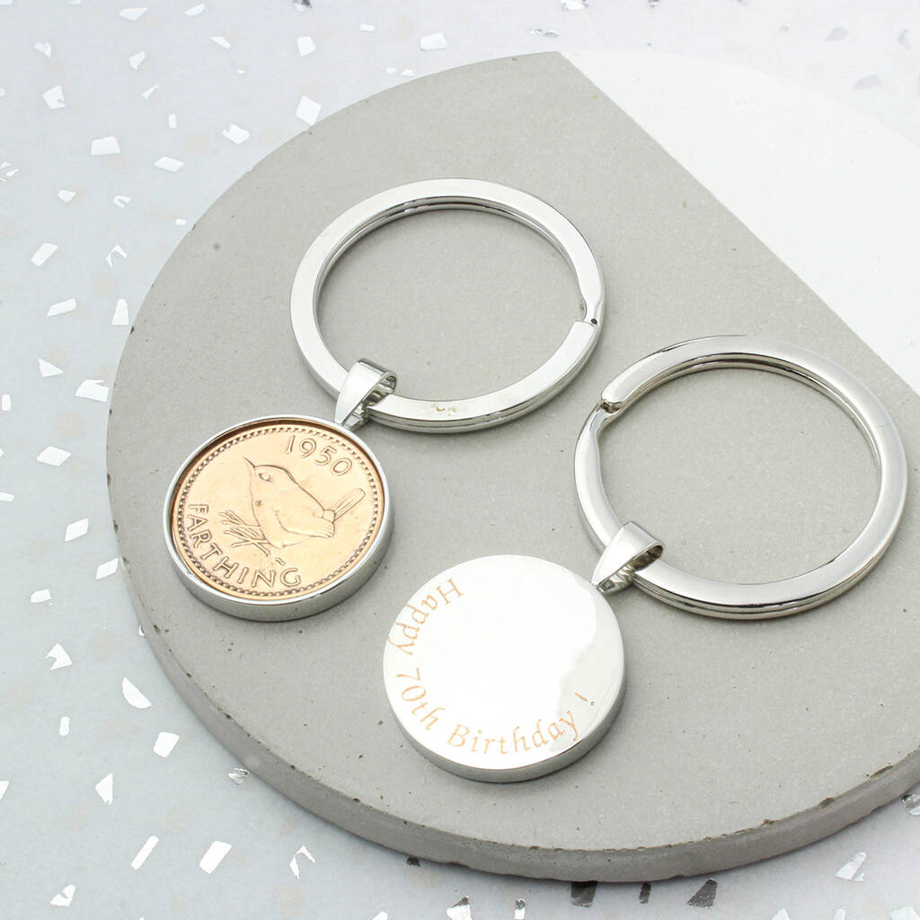 Image of 1950 70th Birthday Polished Farthing Keyring