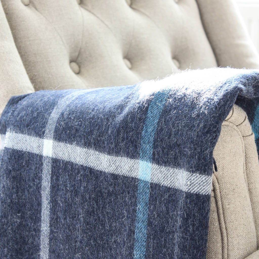 navy and turquoise check wool throw by marquis & dawe
