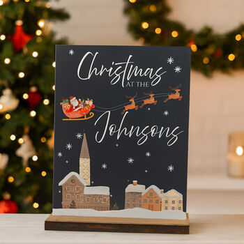 Personalised Christmas At Surname Acrylic Sign With Wooden Stand, 3 of 5