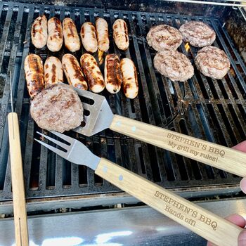 Personalised 'My Grill, My Rules' Wooden BBQ Set, 3 of 3