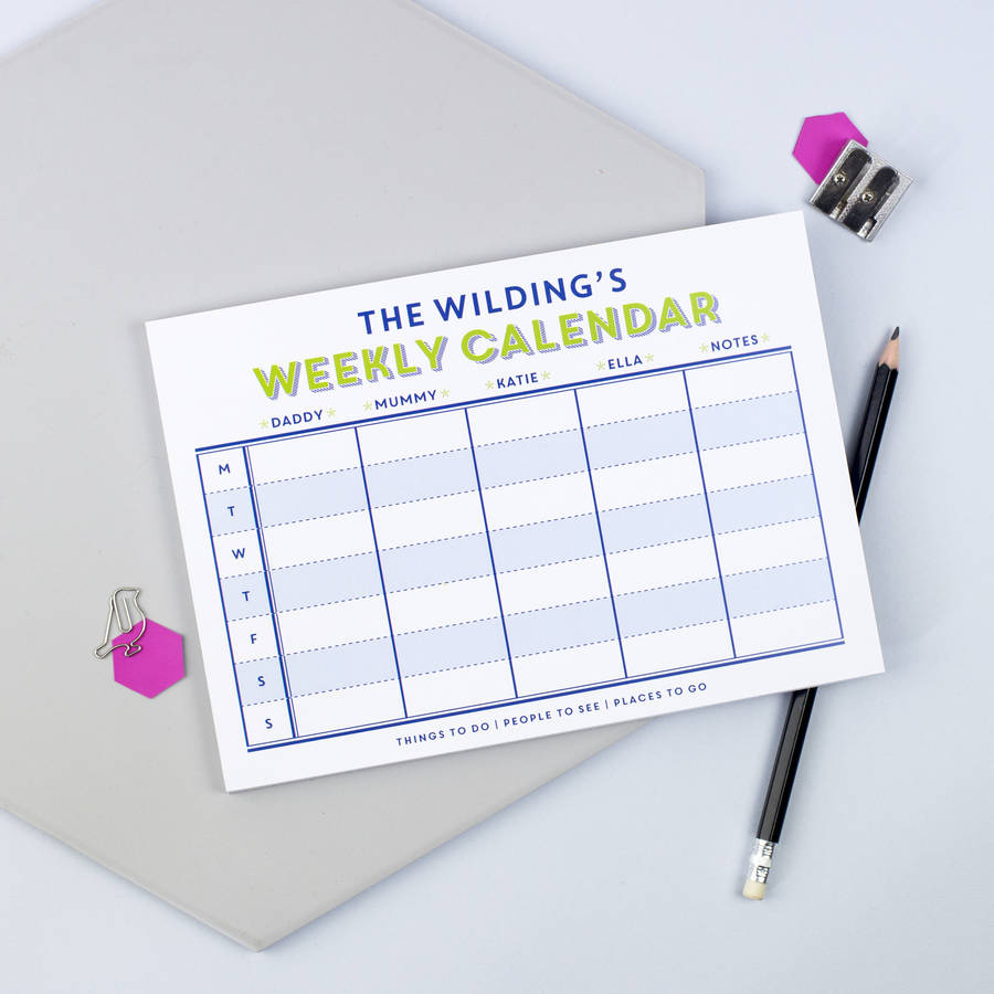 Personalised Family Weekly Calendar Notepad By XOXO