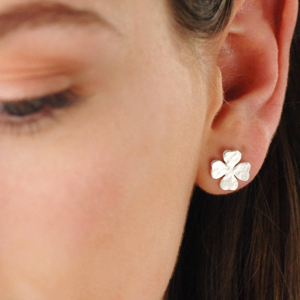 Hammered Silver Lucky Clover Leaf Stud Earrings, 1 of 5