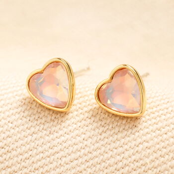 Pink Gem Heart Stud Earrings In Gold Plating, 2 of 4
