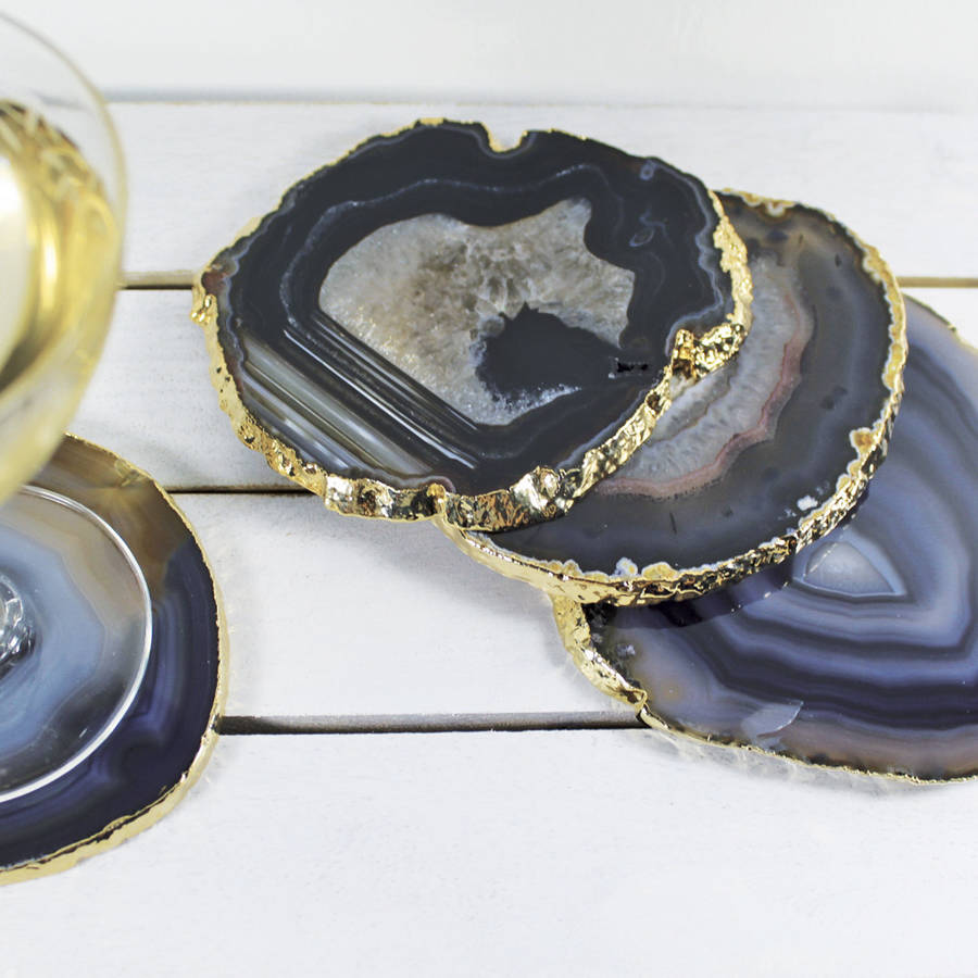 Black Gold Plated Agate Coasters Set Of Two By Minke and Fin