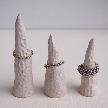 Handmade White Ceramic Circle Texture Ring Display Cones, 4 of 7