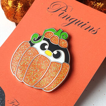 Pumpkin Penguin Enamel Pin: Glitter Halloween Badge, 2 of 6