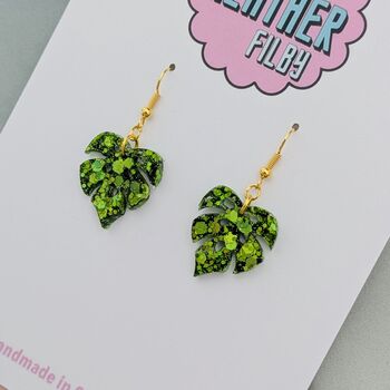 Green Glitter Monstera Leaf Resin Earrings, 5 of 8