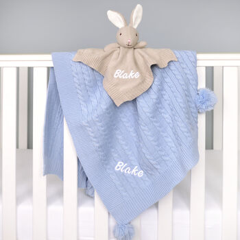 Personalised Bunny Comforter And Cable Blanket Blue, 6 of 9