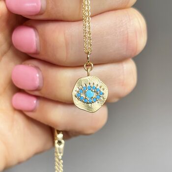 Turquoise Evil Eye Gold Plated Coin Pendant, 2 of 3