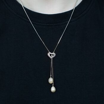 Sterling Silver Heart And Pearl Lariat Necklace, 2 of 3