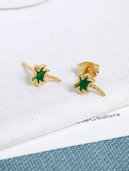 18 K Gold Plated Green Enamel Palm Tree Studs, 3 of 8