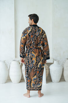 Navy Men's Full Length Batik Kimono Robe, 5 of 6