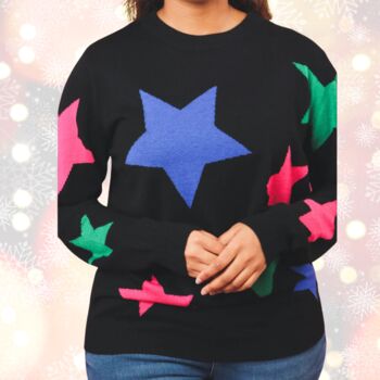 Christmas Jumper Women's Multicoloured Star Print Black, 2 of 2