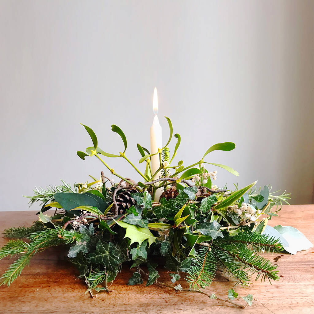 Christmas Table Centrepiece With Fresh Winter Foliage By Georgina's Flowers