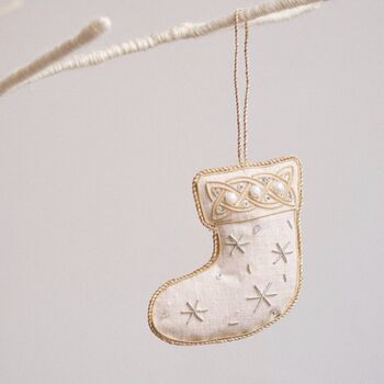 Luxury Irish Linen Festive Stocking Christmas Tree Decoration, 3 of 4